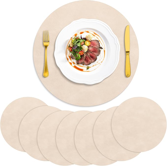 ADRIMER Placemats, Heat Resistant Round Placemats Set of 8 Washable, Waterproof Table Mats, Wipeable Faux Leather Place Mats for Kitchen, Dining Room, Beige by Adrimersdreamistobeanindispensablecompanioninyourlife