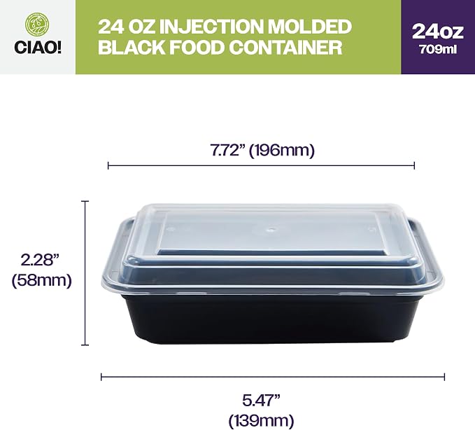 CIAO! Heavy Weight 24oz Injection Molded Microwavable Black Rectangular Food Container With Lid (150/case) - Image 4