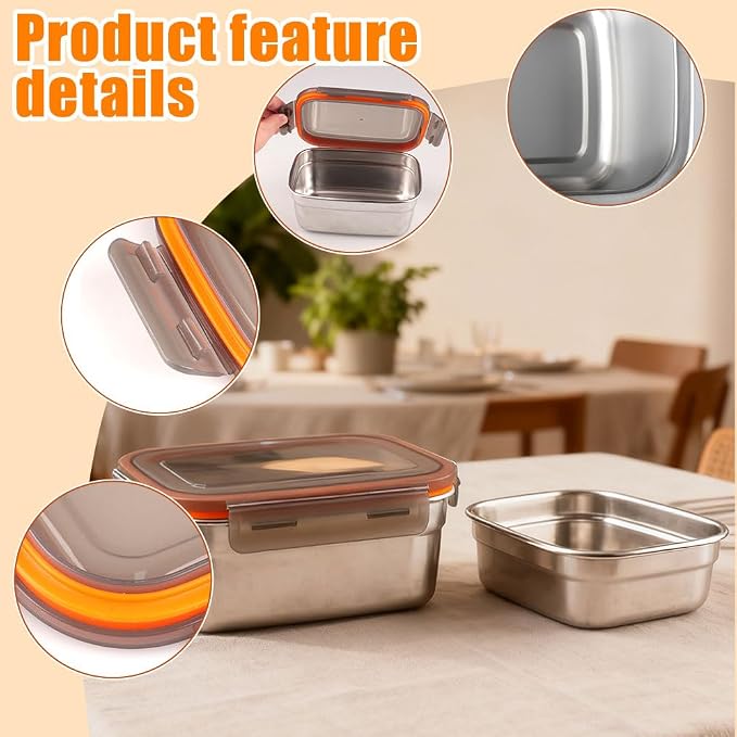Pack of 2 Stainless Steel Food Storage Containers with Lid, 1100 ml + 360 ml, Food Storage Box, for Picnic and Travel, Reusable and Stackable - Image 5
