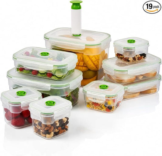 Vacuum Seal Food Storage Containers with Hand Pump – BPA-Free Plastic, Airtight Meal Prep & Leftovers Containers, Keep Food Fresh 5X Longer, 19-Piece Set by LastingFreshness