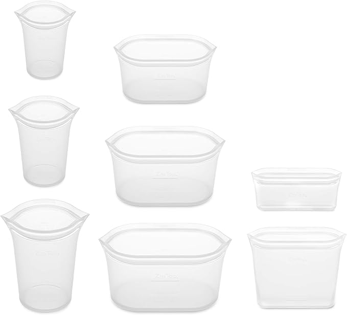 Zip Top Reusable Food Storage Containers Full Set of 8 Frost – Platinum Silicone Cups, Dishes & Bags – Microwave, Dishwasher & Freezer Safe – Made in USA, BPA-Free - Image 2
