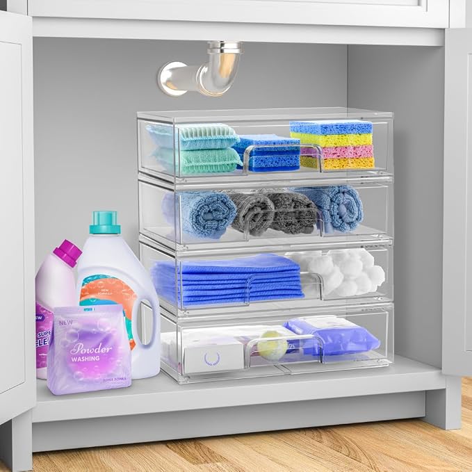 Sorbus Acrylic Storage Containers - 4 Pack, Stackable Storage Bins Set for Bathroom Organization - Clear Acrylic Drawer Organizers - Makeup Case Pull-Out Drawers (12.1’’ Wide) - Image 2