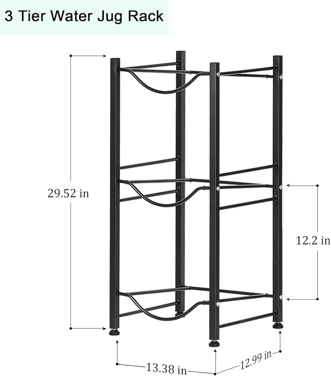 smusei 5 Gallon Water Bottle Holder 3 Tier Water Cooler Jug Rack Shelf Organizer Detachable Heavy Duty Kitchen Water Bottle Storage Rack for Home, Office, Black - Image 4