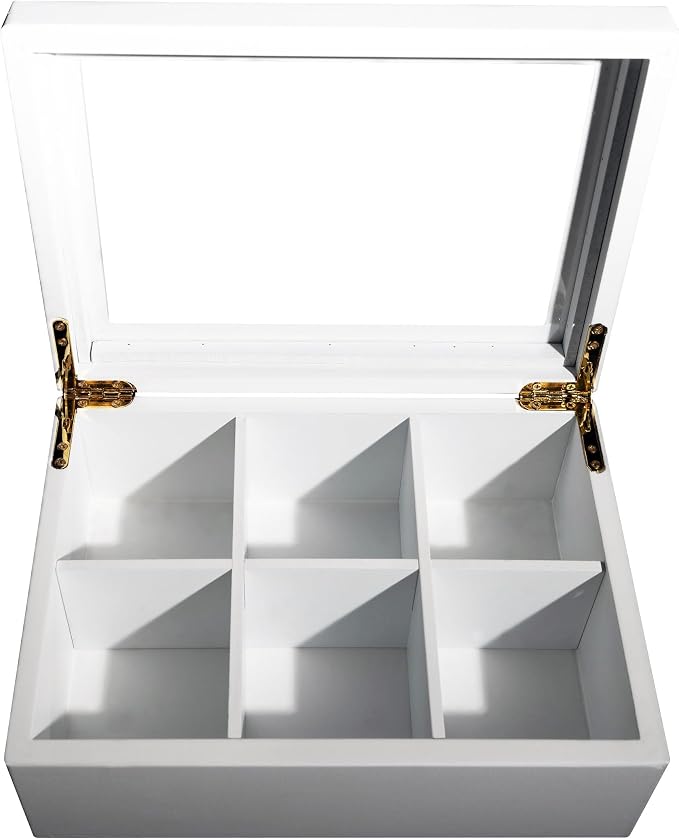 Break Tradition Wooden Tea Organizer For Tea Bags - Wooden Tea Chest With 6 Compartments - Clear Top Window - Lid Stays Open (White) - Image 2