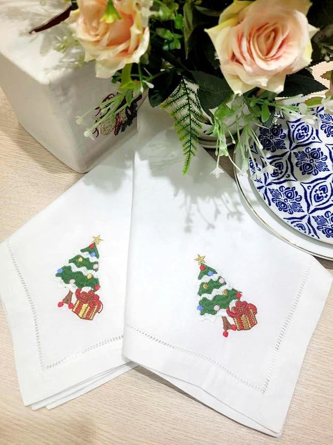 Embroidered Cloth Napkin Christmas Tree and Gift Box Cotton Napkins Set of 6, 20 x 20 Hemstitch Table Napkins Machine Washable, Daily & Holidays, Great Gift Ideas - Image 3