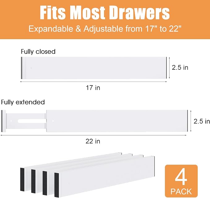 Bamboo Drawer Dividers, Adjustable Drawer Organizers, Fits 17.6–21" Drawers | 2.5" High, 4 Pack Expandable Drawer Separators for Kitchen, Nursery, Dressers & Office Storage, White - Image 3