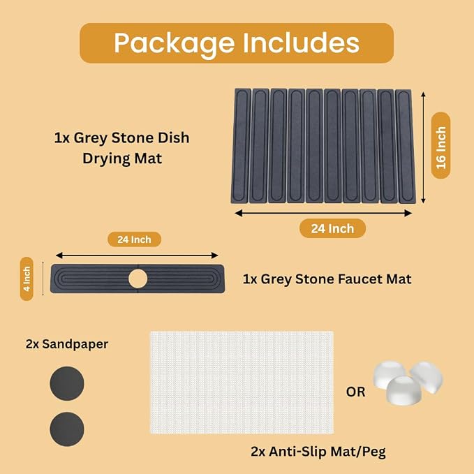 2-In-1 Stone Dish Drying Mat Set For Kitchen Counter. New Collapsiable Space Saving Diatomaceous Earth Stone Dish Mat 23.6"(L)x15.3"(W) + Faucet Protector 23.6"(L)x4(W)- Ultra Absorbent Non-Slip-Gray - Image 7