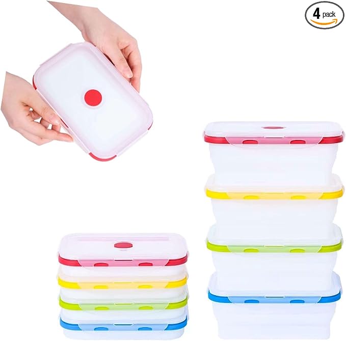 Collapsible Food Storage Containers, 4 Piece, 27 oz | Silicone, Airtight Lids, Space-Saving, Reusable Meal Prep, Microwave, Freezer & Dishwasher Safe by SmartDesignForEverydayLife