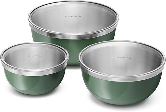 Caraway 6-Piece Stainless Steel Mixing Bowl Set with Glass Lids | 6 qt, 4 qt, 2 qt Kitchen Bowls with Tempered Glass Lids, Non-Toxic, PFAS-Free, Sage by Unknown