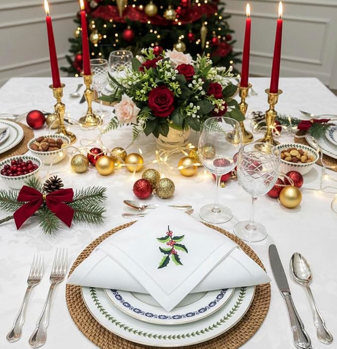 Embroidered Cloth Napkin Holly Leaf Christmas Cotton Napkins Set of 6, 20x20 Hemstitch Table Napkins Machine Washable, Daily & Christmas, Great Present Ideas - Image 4