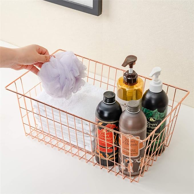 SANNO Wire Storage Basket, Farmhouse Pantre Freezer Baskets bins Metal Baskets Kitchen Storage Organizer Bin for Pantry, Shelf, Freezer, Kitchen Cabinet, Bathroom, Rose Gold - Image 3