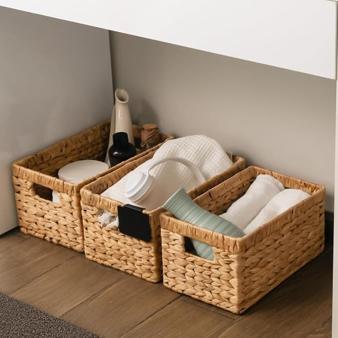 KOKODO Pack 3 Medium Wicker Storage Baskets with Handles, Stylish and Durable Water Hyacinth Rectangle Handwoven Basket Bin with Metal Frame & Handle for Room Organizing - Image 5