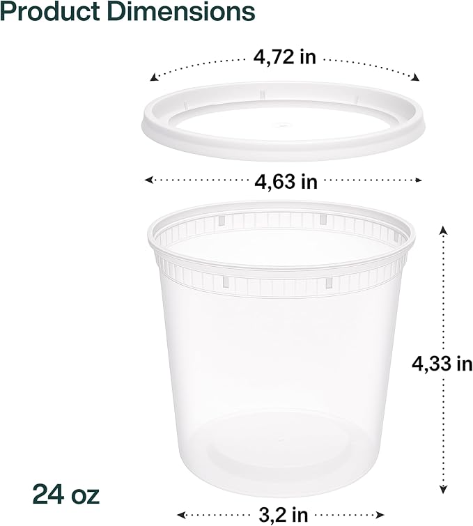 24oz [24 set] Heavy Duty Plastic Deli Container | BPA-Free Food Storage with Airtight Leak‑Proof Lids | Microwave, Freezer & Dishwasher Safe – Stackable, Bulk Reusable Soup & Meal Prep Tub - Image 7