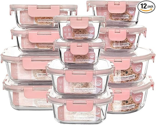 12 Pack Glass Storage Containers Transparent, Stackable Design Meal Prep Containers for Food Storage, Home, Kitchen & Pantry Organization, Microwave/Freezer/Dishwasher Safe by MakingLifeMuchFuller