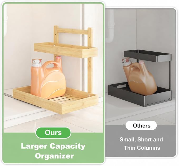 Bamboo Under Sink Organizer 2 Pack, 2-Tier Pull Out Cabinet Organizer | Kitchen Sink Organizer | Bathroom Cabinet Organizer | Cleaning Supply Storage | L-Shape | 3-Level Adjustable | Natural Bamboo - Image 5
