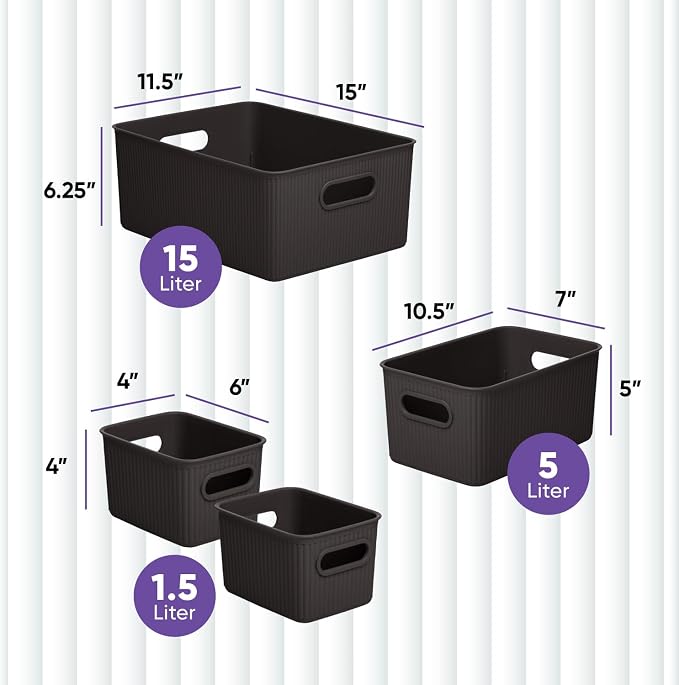 Superio Ribbed Collection - Decorative Plastic Basket Open Home Storage Bins Organizer, Brown (Set of 4) 1 Large, 1 Medium, 2 Small - Container Boxes for Organizing Closet Storage Bins for Shelves - Image 2
