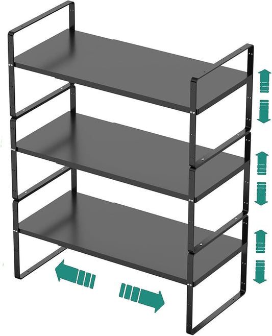 SUZLON Expandable Cabinet Shelf Organizer Rack, Stackable Kitchen Counter Storage Shelves Stand, Adjustable Height Pantry Shelf Spice Rack, Heavy Duty Nonslip Black Small 3Pack by Suzlon