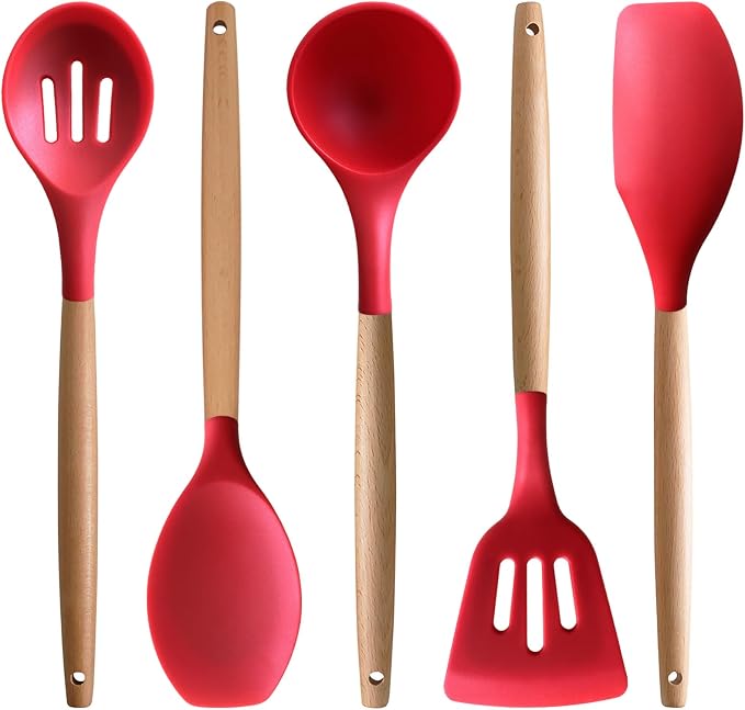 Silicone Cooking Utensils Set 5Pcs Non-Stick Silicone Kitchen Utensils for Cooking, Heat Resistant Kitchen Gadgets Spatula Spoon Turner Set with Wooden Handles for Non-Stick Cookware BPA Free by IOCBYHZ