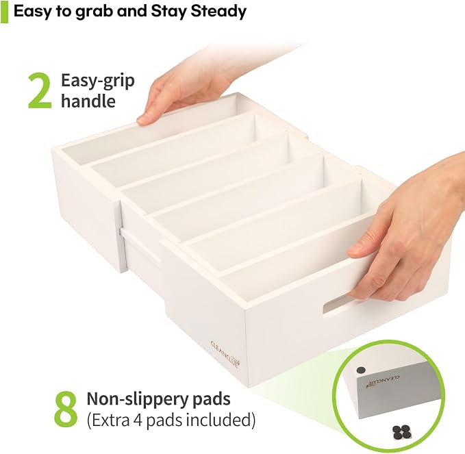 CLEANCLUE Expandable Kitchen Cabinet Organizer for Food Storage Container Lids, Bamboo Drawer Caddy Adjustable Dividers, Box for Kitchen Storage and Organization, Lids Organizer for Cabinet (White) - Image 4