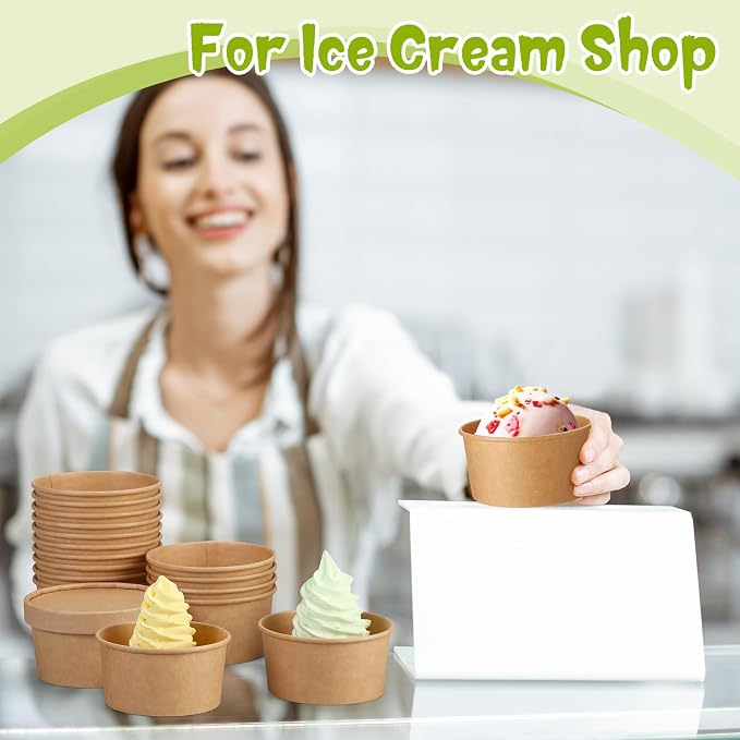 Fulmoon 100 Pack Paper Soup Containers with Lids Disposable Paper Food Containers with Vented Lid Kraft Ice Cream Cake Dessert Cups Soup Bowl for Party Hot Food Fruit Microwave(4 oz,Brown) - Image 7