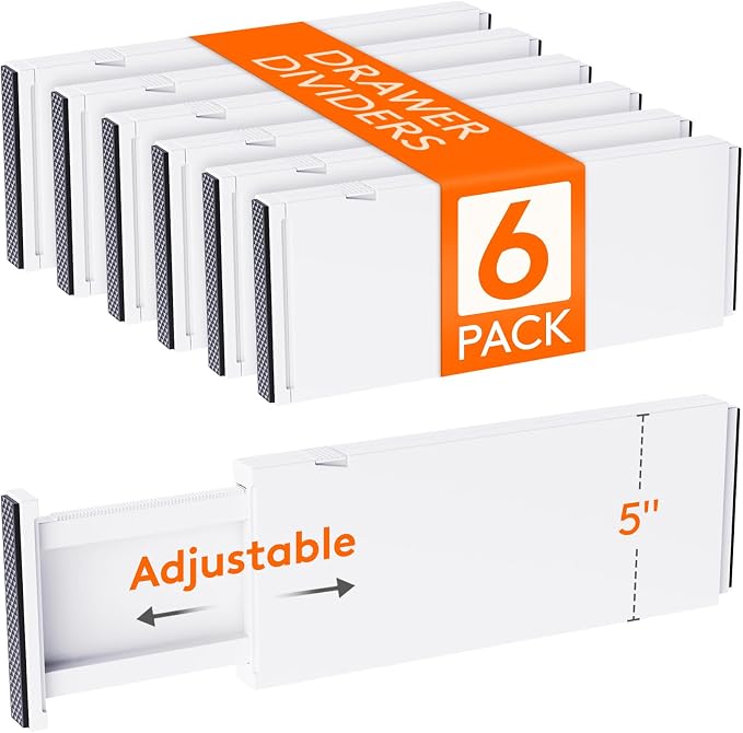 Lifewit 5" Tall Upgrade Drawer Dividers, Adjustable Deep Drawer Organizer | 13.5"-22" Expandable White Drawer Separator for Clothes, Dresser/Kitchen/Closet/Bedroom/Office Organization & Storage, 6 Pack by Lifewit