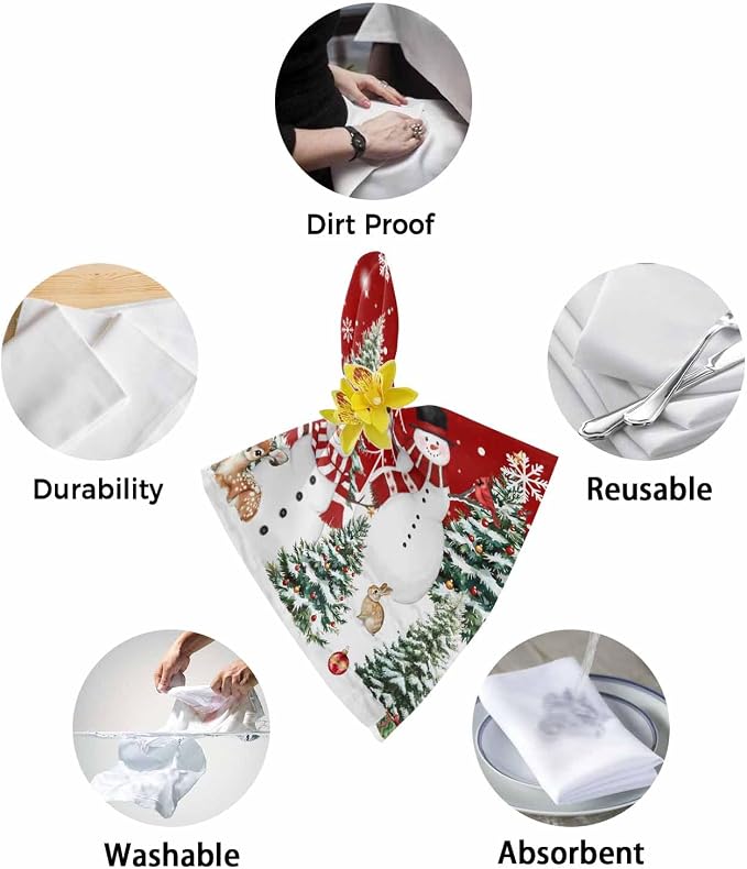 Red Christmas Snowman Dinner Cloth Napkins Set of 8, Xmas Trees Snowflake Snow Washable Cocktail Cloth Napkins, Winter Holiday Reusable Table Napkins for Wedding Holiday Party, 20 x 20 Inch - Image 8