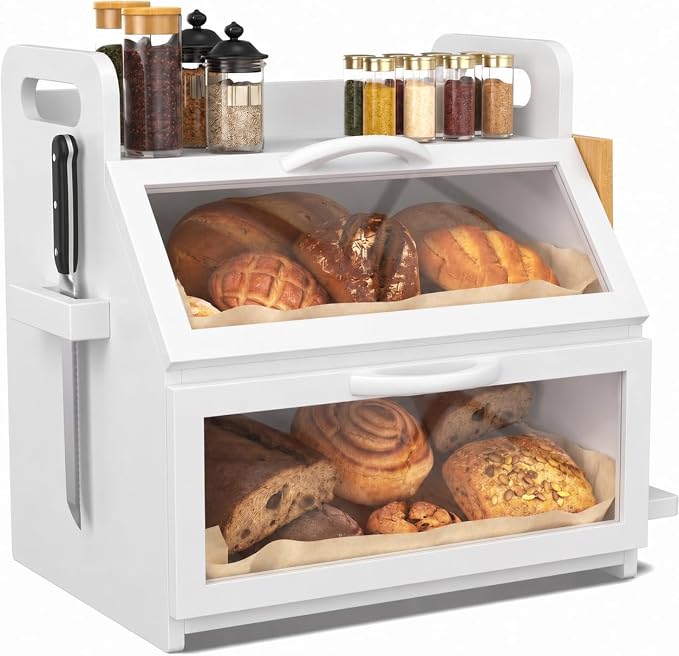 BAMBANG Bread Box for Kitchen Countertop, Extra Large Double Layer Bamboo Breadbox with Clear Window, Farmhouse Wooden Bread Storage Container for Homemade Bread, Knife & Cutting Board Holder, White by BAMBANG