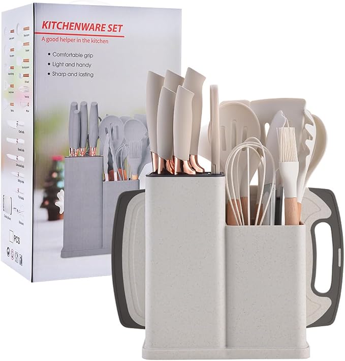 19 Pieces Kitchen Utensils and Knife Set with Block, Inldued 9 Pieces Silicone Cooking Utensils Set 5 Pieces Sharp Stainless Steel Chef Knives Scissors Whisk Tongs and Cutting Board (BEIGE) by Unknown
