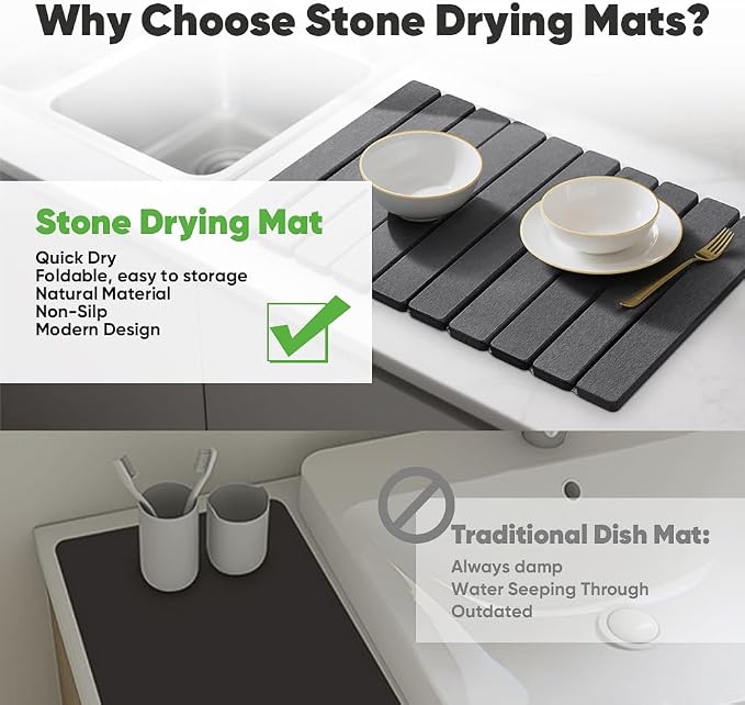 Stone Drying Mat for Kitchen Counter, Quick Diatomaceous Earth Mats for Dishes, 24"L x 16" W Super Absorbent Fast-Drying Collapsible Countertop Stone Mat (Dark Grey, 24" x 16") - Image 5