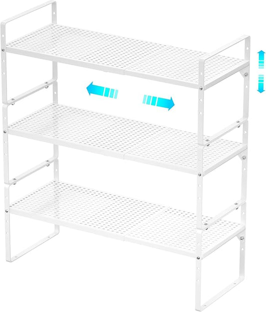 Redrubbit Expandable Cabinet Storage Shelf, Adjustable Height Steel Metal Kitchen Counter Organizers Shelves Spice Rack for Kitchen Pantry Bathroom Cupboard Desk Home Office, White-3 Pack by Redrubbit