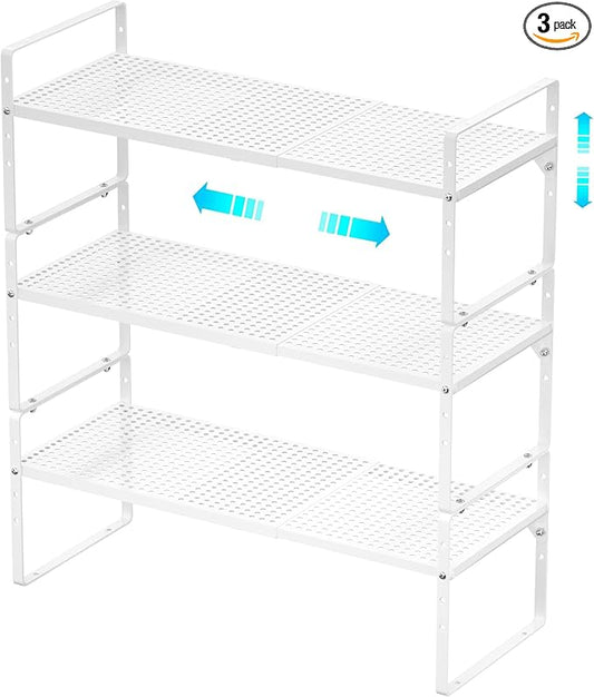 Redrubbit Large Expandable Cabinet Storage Shelf, Adjustable Height Steel Metal Kitchen Counter Organizers Shelves Spice Rack for Kitchen Pantry Bathroom Cupboard Desk Home Office, White-3 Pack by Redrubbit