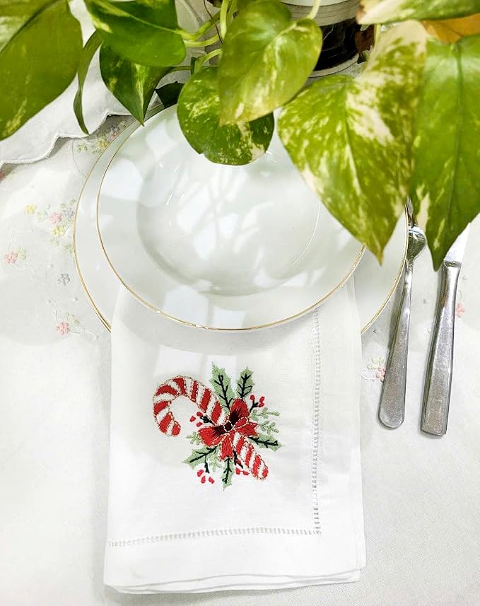 Embroidered Cloth Napkin Red Candy Cane and Holly Christmas Cotton Napkins Set of 6, 20x20 Hemstitch Table Napkins Machine Washable, Daily & Christmas, Great Present Ideas - Image 8
