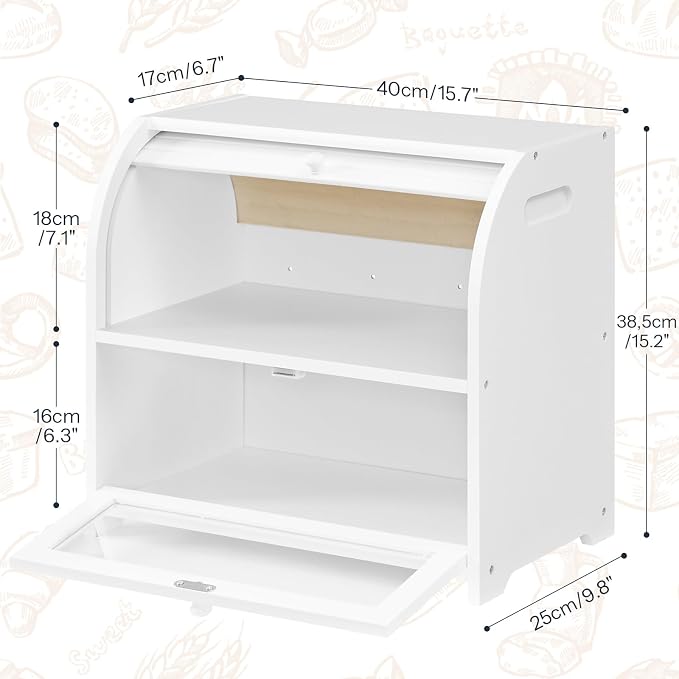 HOOBRO Bread Box, Bamboo Bread Box for Kitchen Countertop, 2 Tier Roll-Top Bread Bin, Food Storage Box, Large Capacity Keeper, Wooden Storage Cabinet, for Kitchen, Dining Room, White WT13MB01 - Image 3
