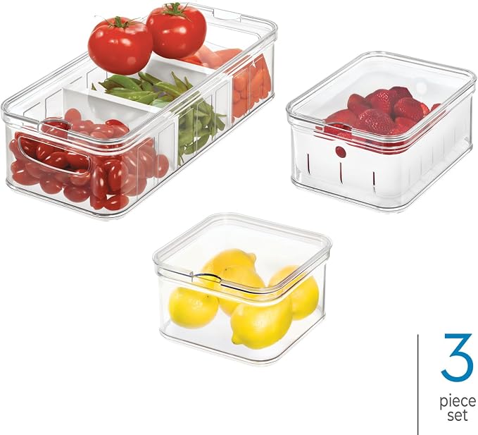 iDesign Crisp 3-Piece Recycled Plastic Refrigerator Organizer Bin Set with Lids, Clear/White - Image 2