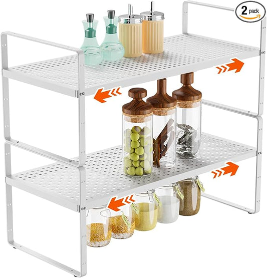 2Pack 16.5-27''L Expandable Stackable Cabinet Shelves, White | 10.2"W x 9.6"H, Adjustable Spice Rack, For Kitchen, Countertop, Pantry and Cupboard by DPZM