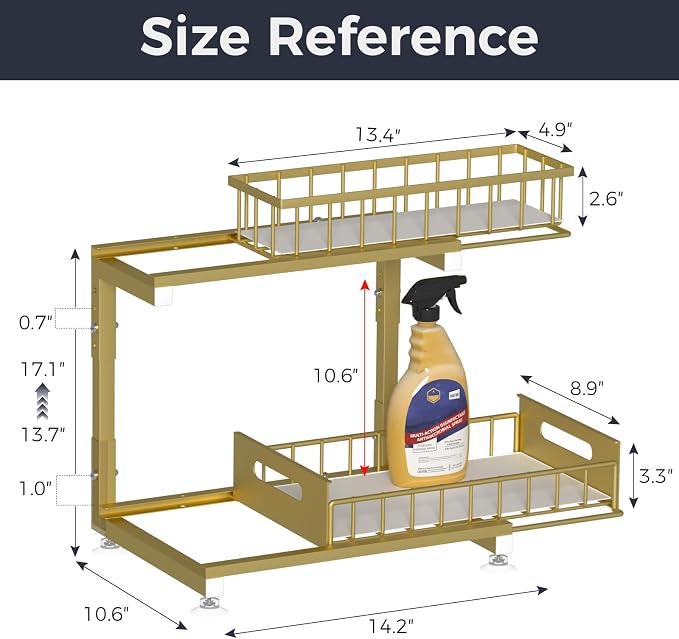 L-Shaped Under Sink Organizer, 2-Tier Pull-out Cabinet Rack 1-Pack | Gold Height-Adjustable Metal Rack, Sliding Grid Drawers with Safety Stopper, Holds 100 Lbs, Ideal Kitchen Cabinet Storage - Image 6