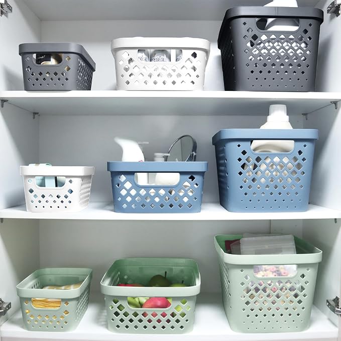 Glad Plastic Storage Basket Set, Value Pack of 6 | Open Storage Bins for Shelves, Bathroom, Pantry, Closet | Nesting Organizer Boxes with Handles, 2 Gallon, Sage - Image 3