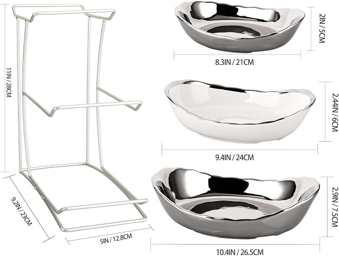 3 Tier Ceramic Fruit Bowls for Kitchen Counter with Metal Rack, Fruit Basket with Stand, Porcelain Bowls for Fruit Vegetable Bread Candy Snack Nuts (Silver and White Bowl-Silver Rack 3 Layer) - Image 5