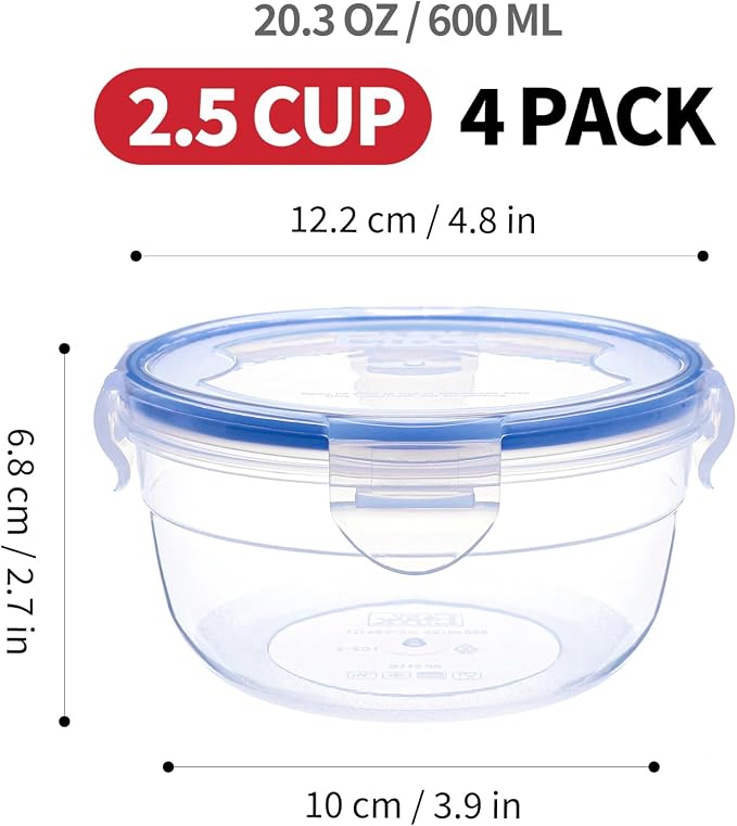 KIGI Plastic Round Food Storage Container, 4 Pack (2.5 Cup) | Small Plastic Bowls with Leakproof Lids, Ideal for Lunch, Meal Prep, Soup & Snack, 20 oz - Image 2