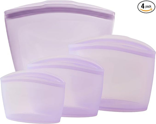 Blue Ginkgo Silicone Food Storage Bags, 4-Pack, Reusable, Made in Korea | Leakproof. Stand Up. Freezer and Dishwasher Safe. (Lavender) by BLUEGINKGO