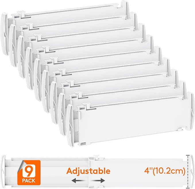 Lifewit 9 Pack 4" High Drawer Dividers, Adjustable Drawer Organizer Clothes | 13.8"-22.2" Expandable White Plastic Separators for Dresser, Kitchen, Cabinet, Nursery, Office, Socks & Underwear Storage by Lifewit