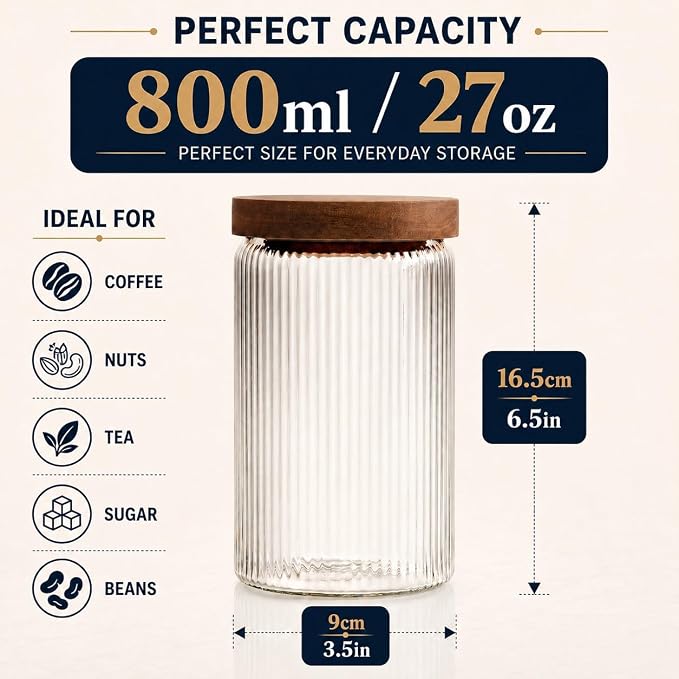 Mason & Fable Ribbed Glass Jars with Wooden Lid 27 fl oz- Set of 3 | Airtight Fluted Storage Container for Pasta, Coffee, Candy, Dog Treats, Snacks | Glass Organization Canisters for Home & Kitchen - Image 5