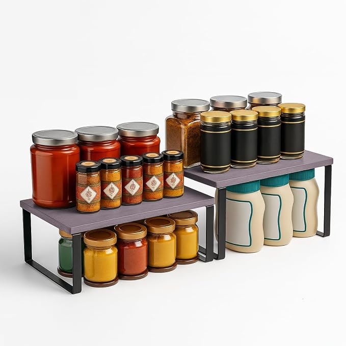Sben Cabinet Organizer Shelf, Set of 2 Kitchen Counter Shelves, Kitchen Storage, Spice Rack, Stackable, Expandable, Metal and Engineered Wood, Ink Black and Brown Surface - Image 6