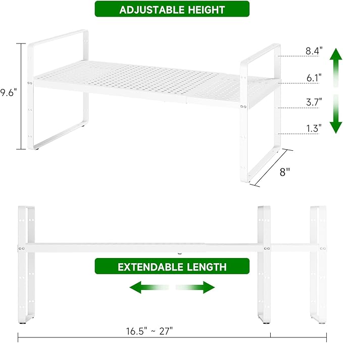 Expandable Kitchen Cabinet Shelf Organizer Rack, 16.5"-27" L x 8" W | Heavy-Duty Metal Expandable Shelf Holds 80 lb with 4 Height Levels for Kitchen Cabinet Cupboard Pantry Dish Mug - Image 2