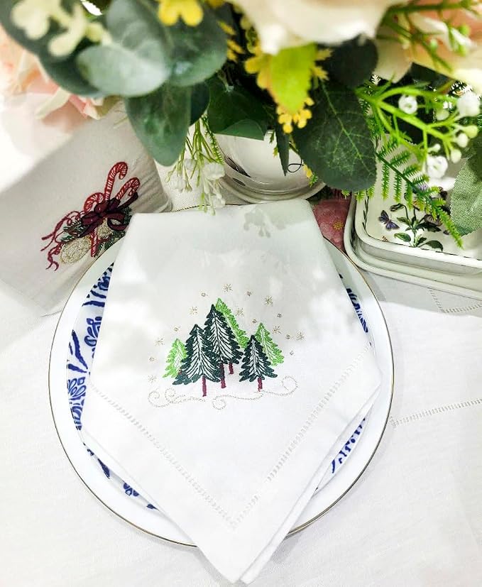 Embroidered Cloth Napkin Christmas Trees Cotton Napkins Set of 6, 20x20 Hemstitch Table Napkins Machine Washable, Daily & Christmas, Great Present Ideas - Image 3