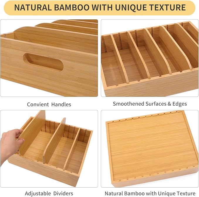 Bamboo Lid Holder Food Container, Kitchen Organizer with 5 Adjustable Dividers, Cabinet Organizer for Food, Kitchen Gadget, Container Lids (2pcs) - Image 3