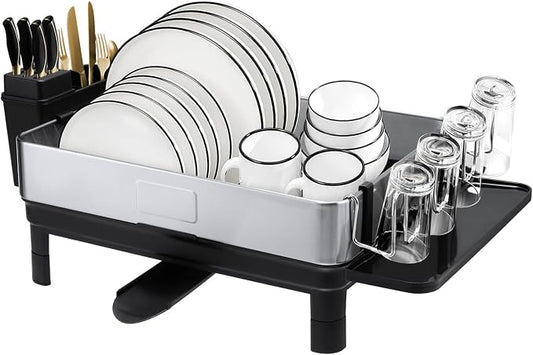 Stainless Steel Dish Drying Rack - No Rust Extra Large Capacity Dish Drainer Rack for Kitchen Counter with Drain Board Set Adjustable Spout Detachable Utensil Cup Holder for Big Family by Fzaqwen
