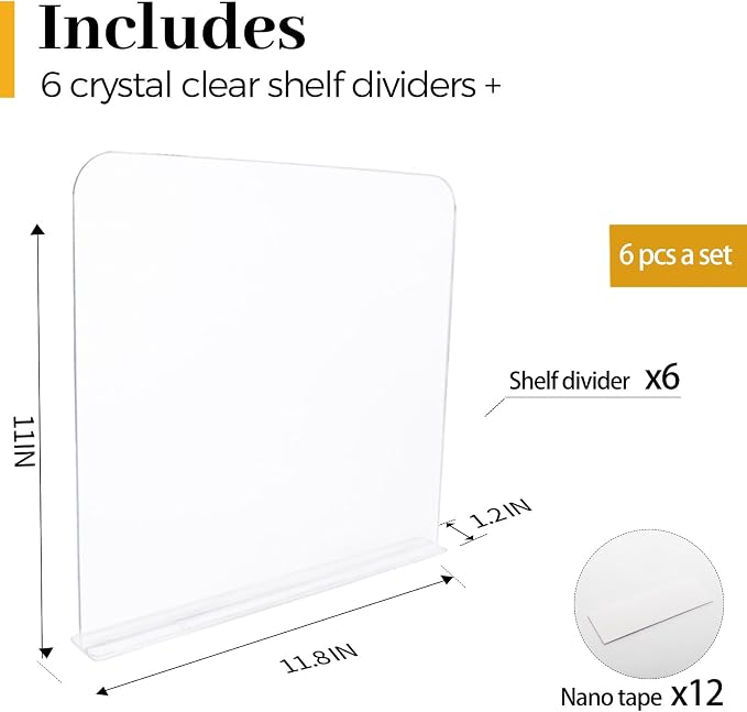 ROUFA 6Pcs Clear Acrylic Shelf Dividers, Closet Organizer Wood Shelf Separators Purse Organizer for Bedroom, Kitchen, Office, Bathroom 11.8''x11'' - Image 3