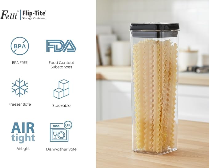 Felli Flip Tite TALL Storage Container with Lid 4" Air Tight Easy Open Ring Top, Clear Acrylic Skinny Canister Jar for Spaghetti Lasagna Fettuccine Noodle, Kitchen Cupboard Pantry Organizer (2.0 qt) - Image 8