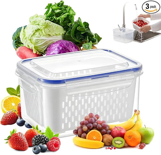 Fruit Storage Containers with Removable Colander (Blue 3PCS, Small) | Leakproof Produce Containers for Fridge, Produce Storage Containers, Fridge Organizers and Storage for Fruit, Vegetables by Unknown